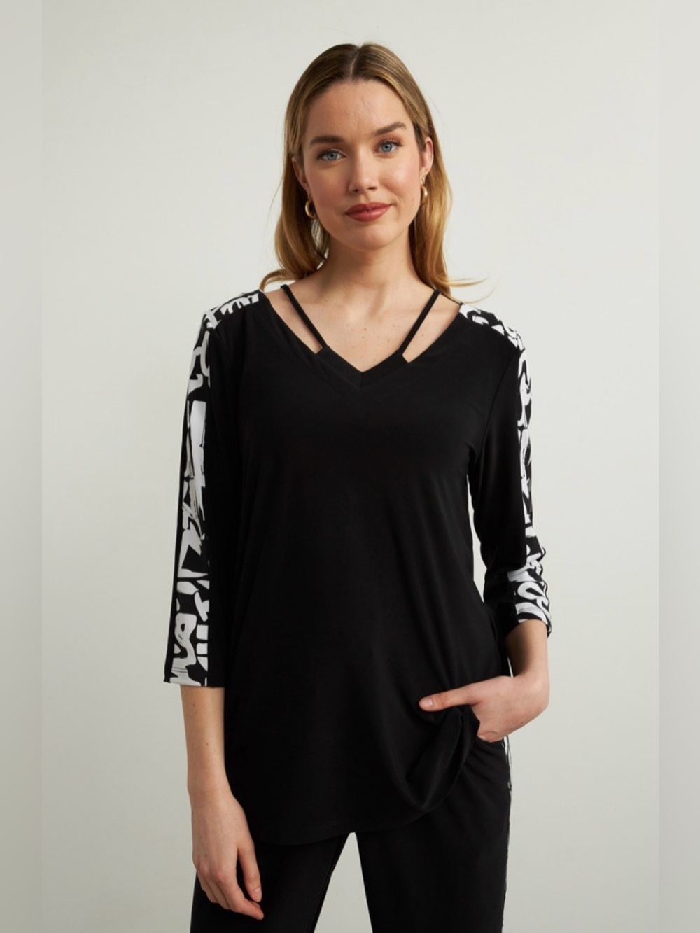 Joseph Ribkoff V-Neck Top with Printed Sleeves
